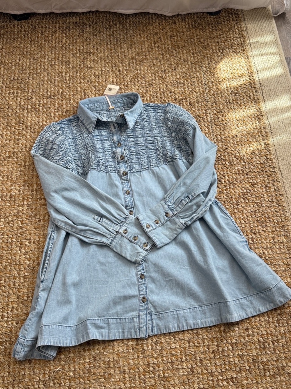 Free People Washed Blue Smocked Denim Mini Dress